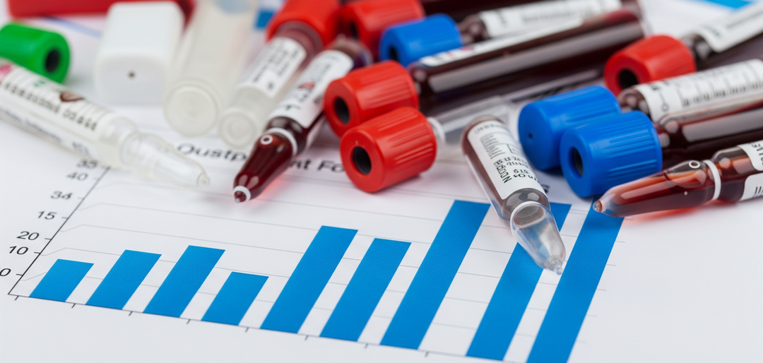 Imagem ilustrando gestão financeira em laboratórios, com amostras de sangue sobre gráfico de barras, simbolizando análise de custos e desempenho