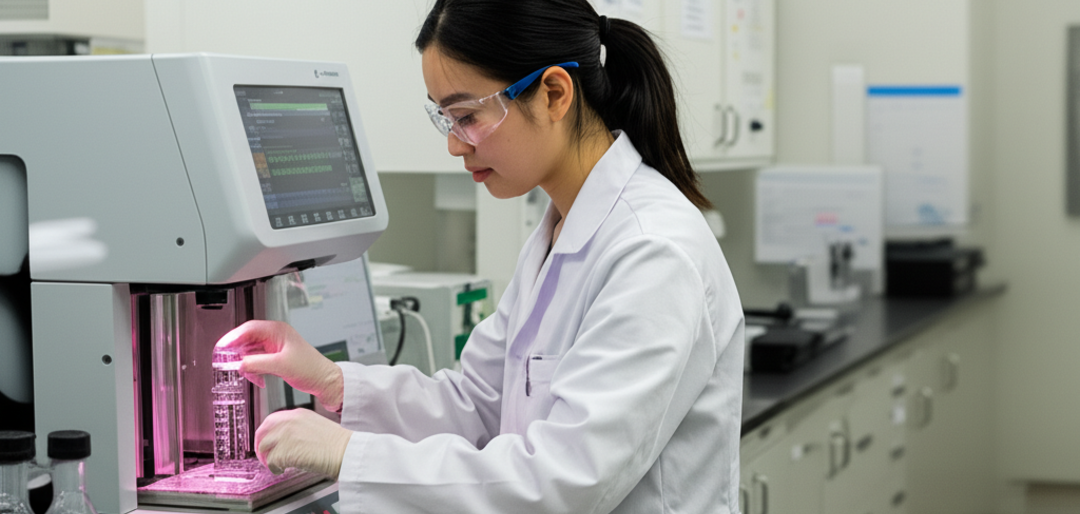 Técnica de laboratório usando equipamento analítico em ambiente moderno, representando um laboratório competitivo