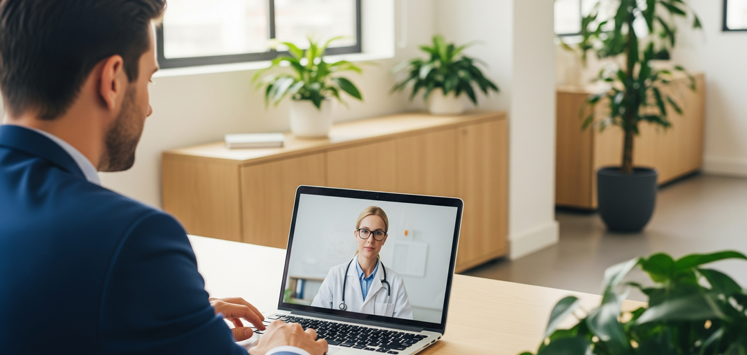 Profissional em reunião virtual com médica, ilustrando o uso da telemedicina nas empresas para ampliar o acesso a cuidados de saúde no ambiente corporativo