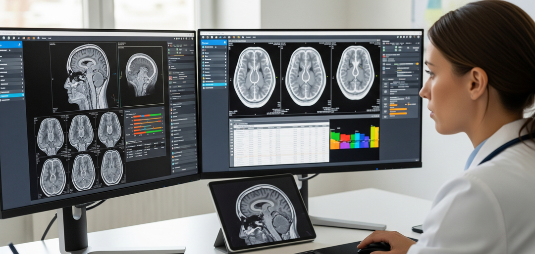 Radiologista analisando imagens de ressonância magnética cerebral em múltiplos monitores por meio da telerradiologia