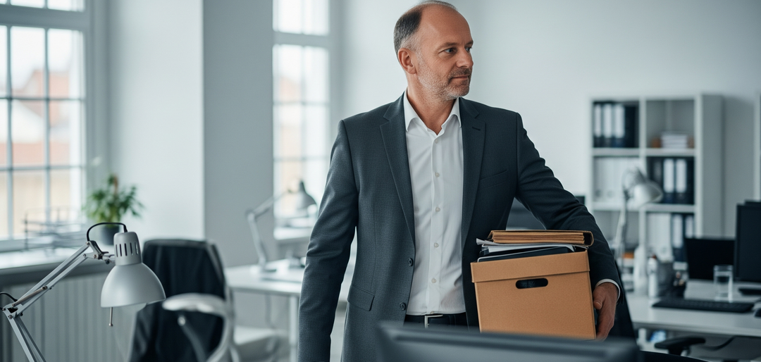 Homem saindo do seu emprego segurando uma caixa, representando uma alta taxa de turnover