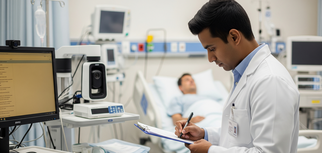 Médico utilizando tele-uti para atender paciente internado na unidade de terapia intensiva