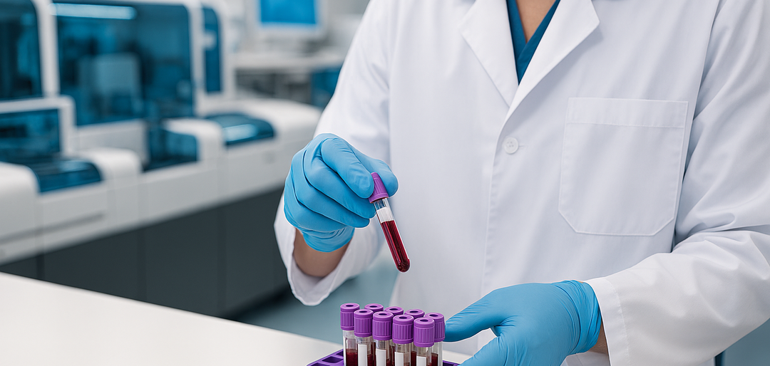 Profissional de saúde em laboratório clínico moderno manipulando tubos de ensaio com amostras de sangue, destacando processos atuam na redução do tempo de resposta na Medicina Diagnóstica