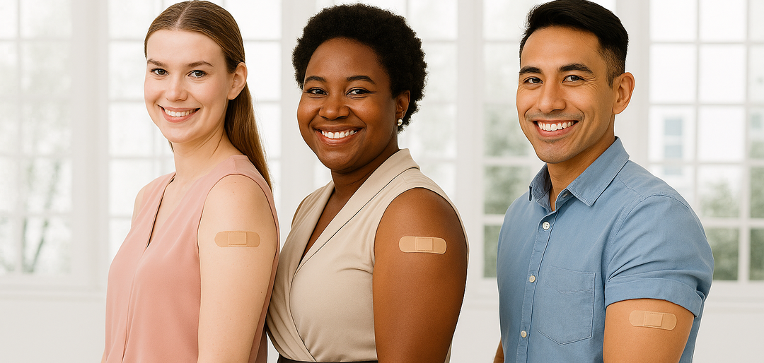 Colaboradores com curativos no braço após campanha de vacinação em uma empresa