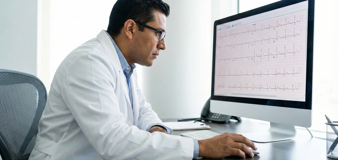 Médico analisando traçado de eletrocardiograma em monitor para emissão de laudo via Tele-ECG