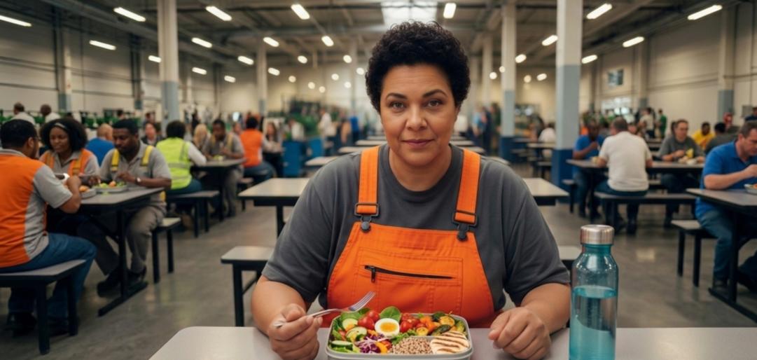 Mulher em uniforme de trabalho sorrindo enquanto desfruta de uma marmita colorida e equilibrada em um refeitório industrial, exemplificando a importância da alimentação saudável no trabalho