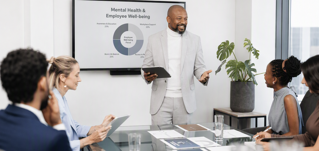 Apresentação sobre saúde mental no trabalho, com análise de indicadores, bem-estar corporativo e gestão de programas de saúde mental para colaboradores.